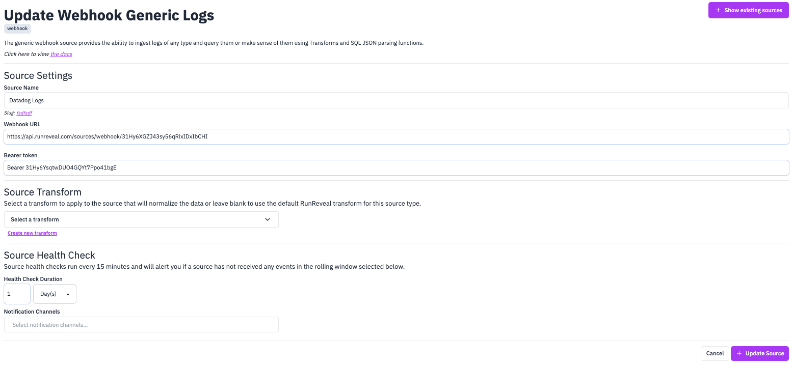 RunReveal Webhook Source edit screen